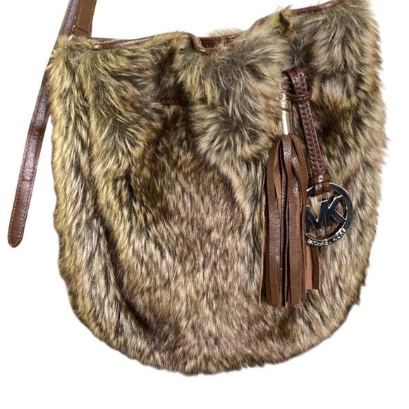Michael Kors Faux Fur Crossbody Purse Brown With Leather Strap And Badge Tags - Picture 1 of 11